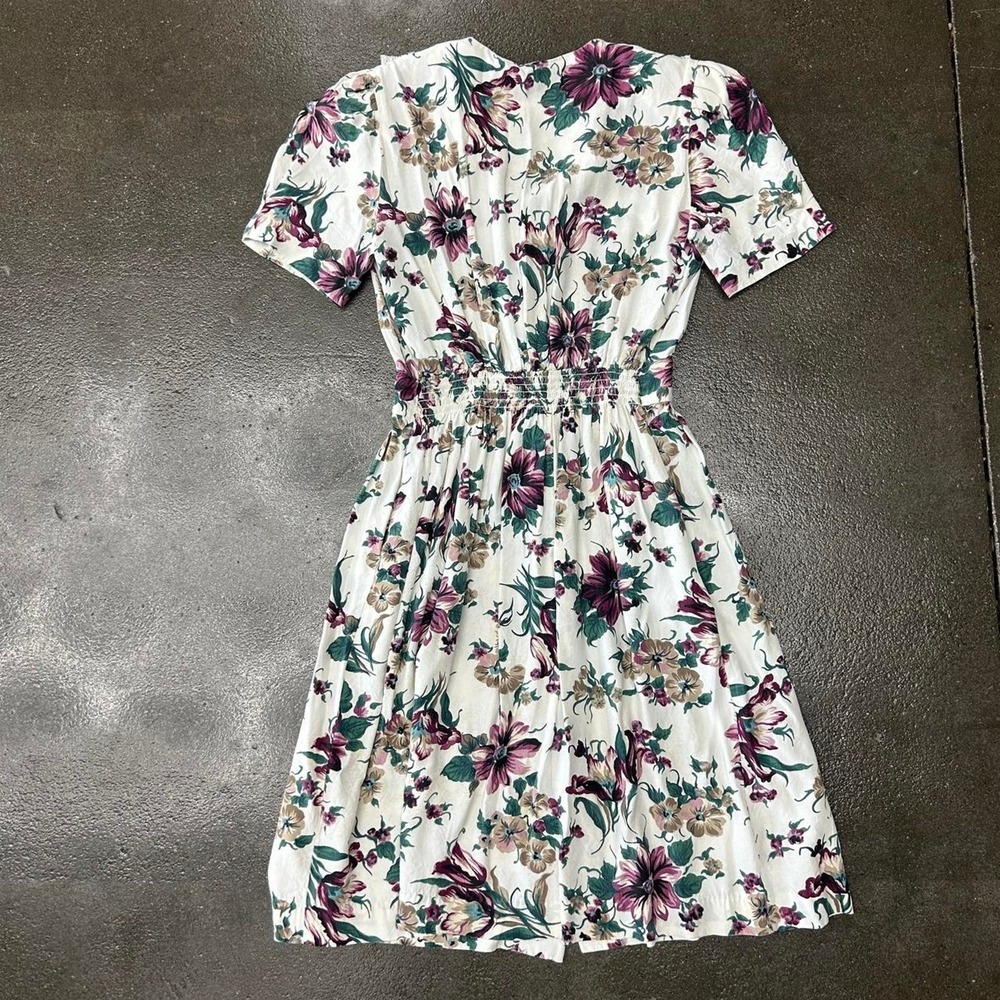 Vintage 80s Petite Floral Lace Trim Womens Medium Short Sleeve Cottagecore Dress - Picture 2 of 5